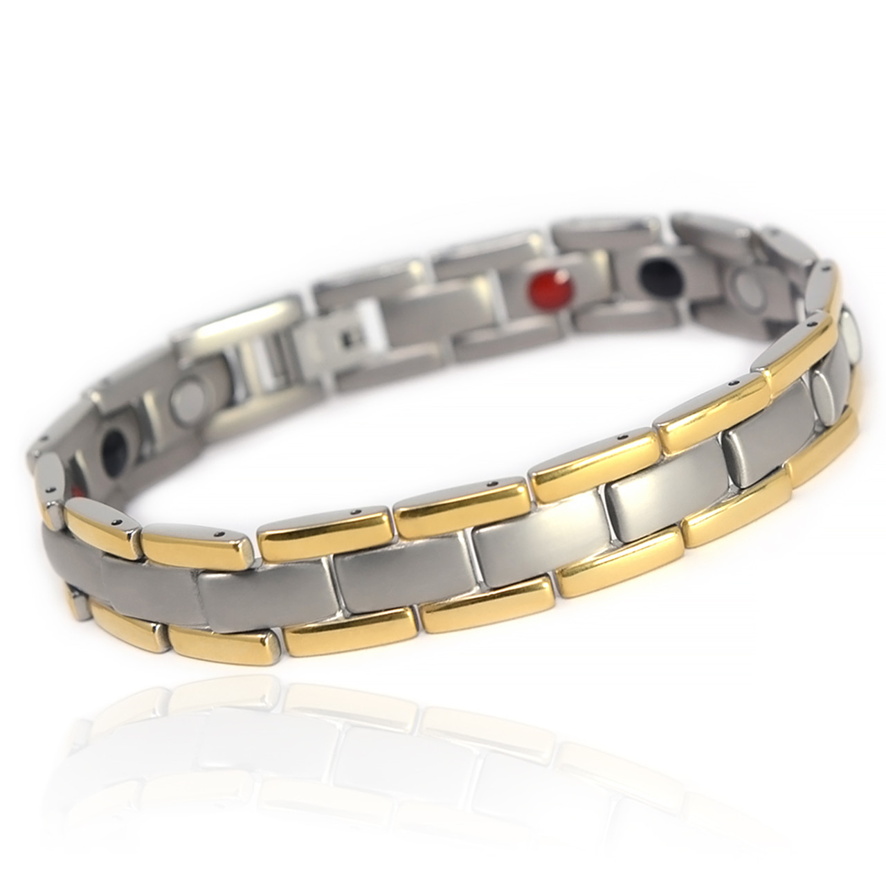 <img src=" mens silver titanium  & Gold color  magnet bracelet .png" alt="casual magnetic therapy jewelry   side view         Novoa Men's Quad-Element Satin Titanium Magnetic Bracelet With Gold Accents - 12,800 Gauss B430J B246">