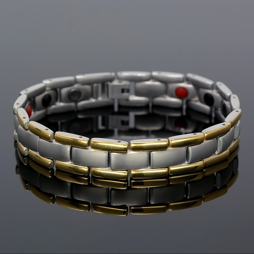 <img src=" mens silver titanium  & Gold color  magnet bracelet .png" alt="casual magnetic therapy jewelry   side view         Novoa Men's Quad-Element Satin Titanium Magnetic Bracelet With Gold Accents - 12,800 Gauss B430J ">