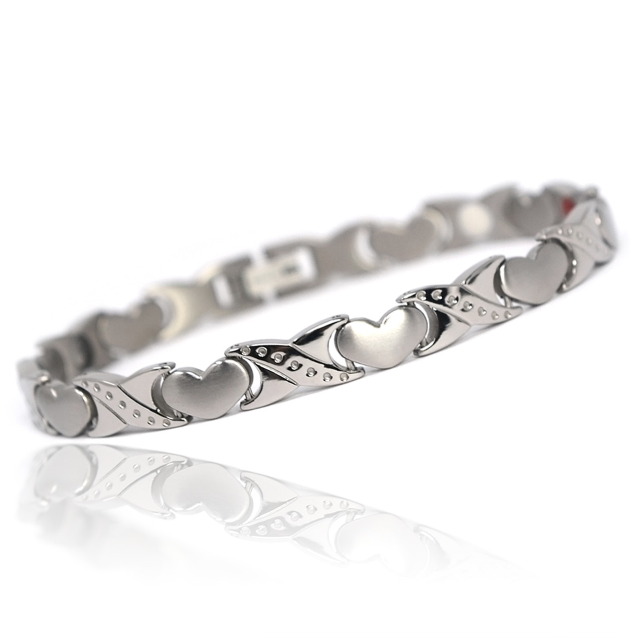 <img src=" womens silver stainless  magnet bracelet .png" alt="casual magnetic therapy jewelry   Front view         Magnetic bracelet jewelry Novoa Women 's - 12,800 Gauss B428">