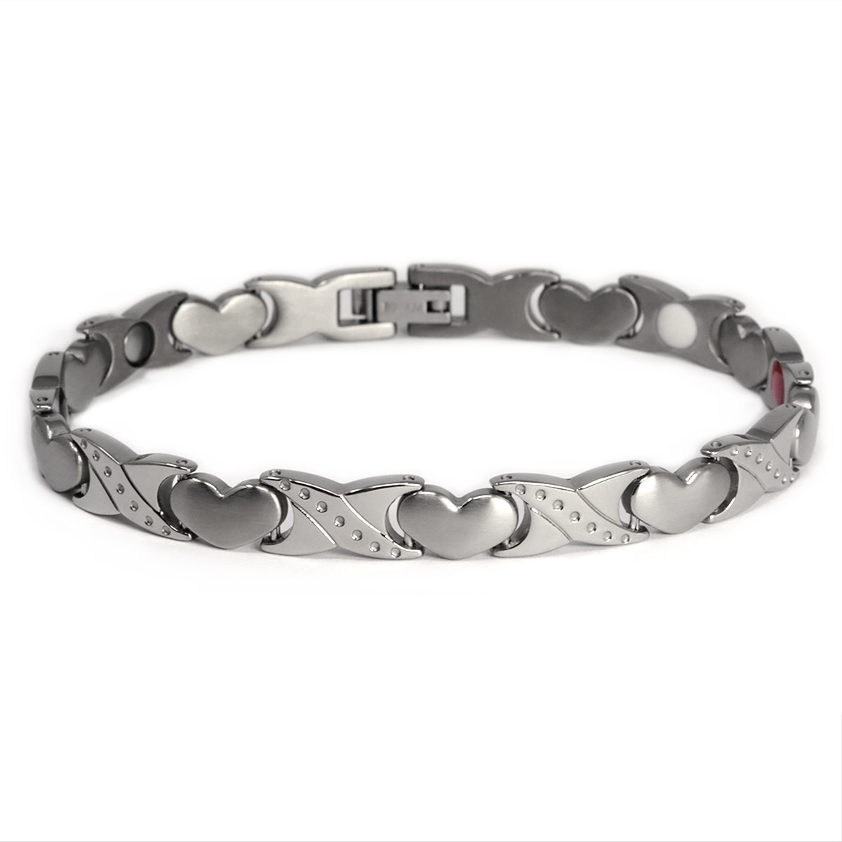 <img src=" womens silver stainless  magnet bracelet .png" alt="casual magnetic therapy jewelry   Front view         Magnetic bracelet jewelry Novoa Women 's - 12,800 Gauss B428">