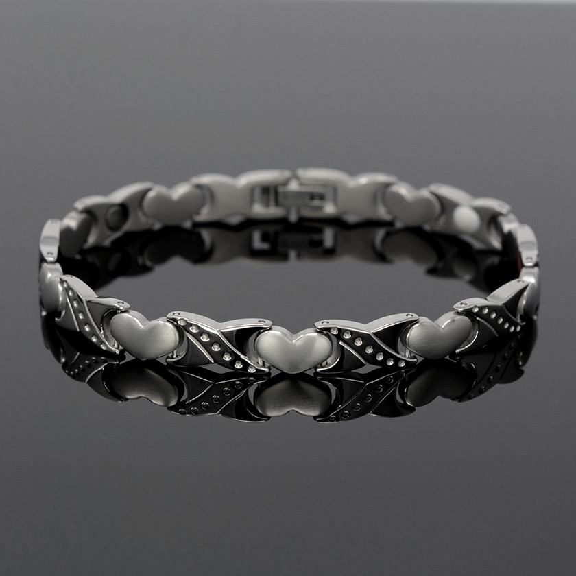 <img src=" womens silver stainless  magnet bracelet .png" alt="casual magnetic therapy jewelry   Front view         Magnetic bracelet jewelry Novoa Women 's - 12,800 Gauss B428">