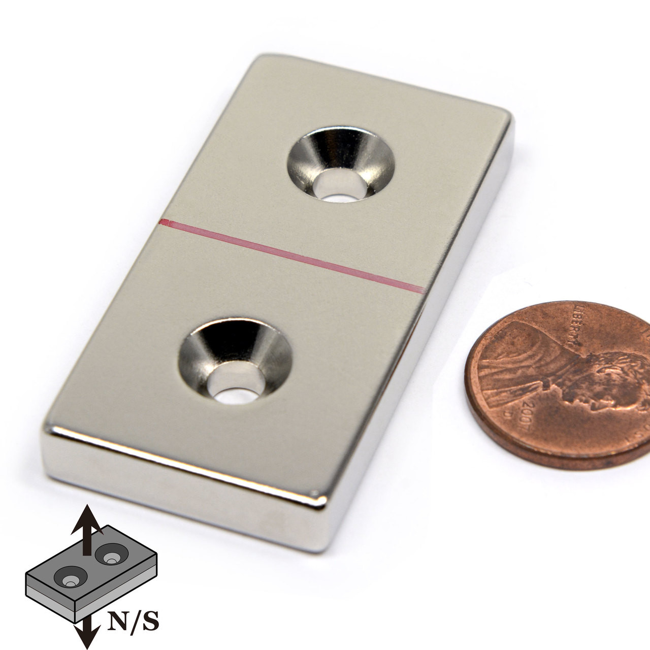 2"x1"x1/4" Neodymium Block Magnet w/ 2 #8 Countersunk Holes
