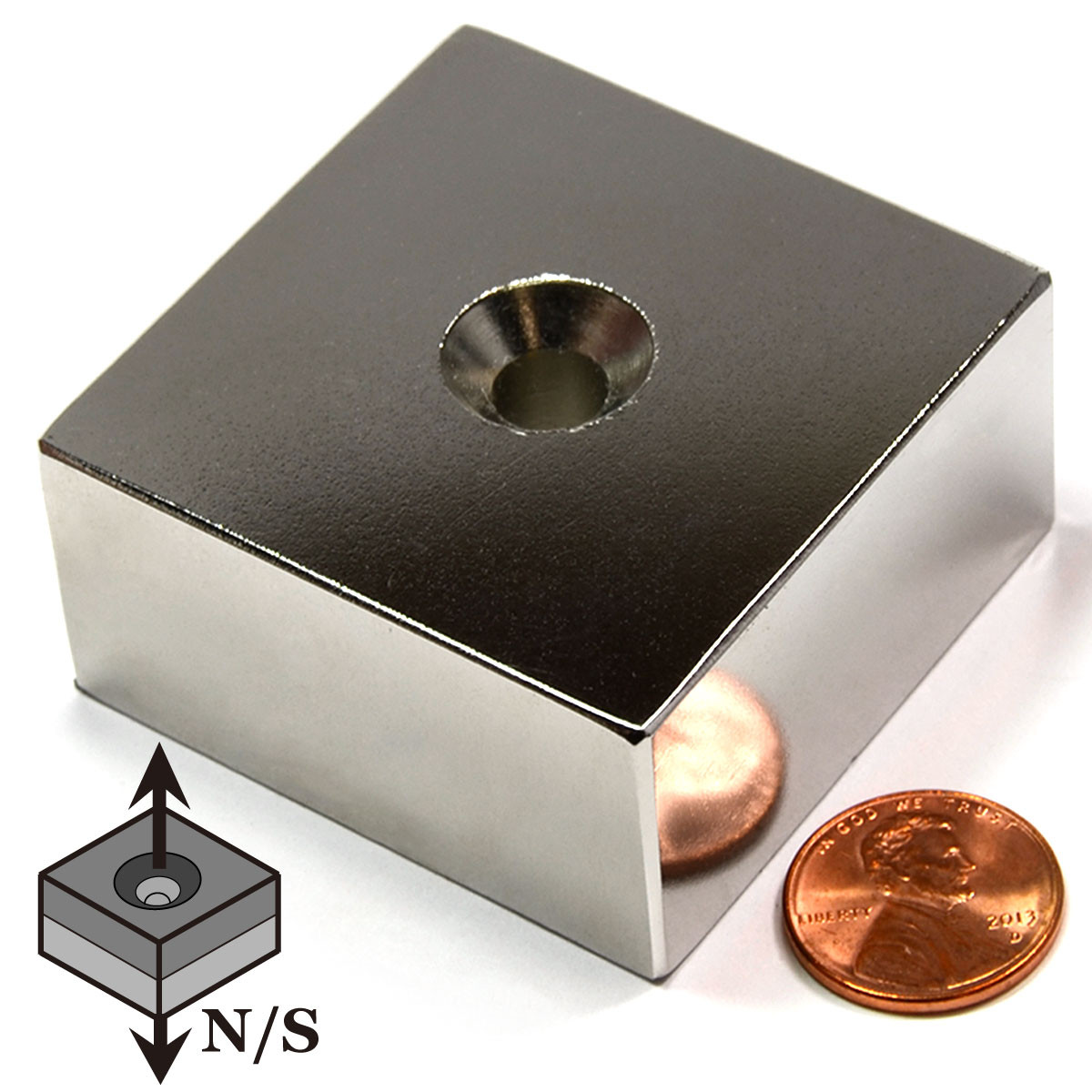 Neodymium Block Magnet N52 2"x2"x1"with #1/4 Countersunk Hole