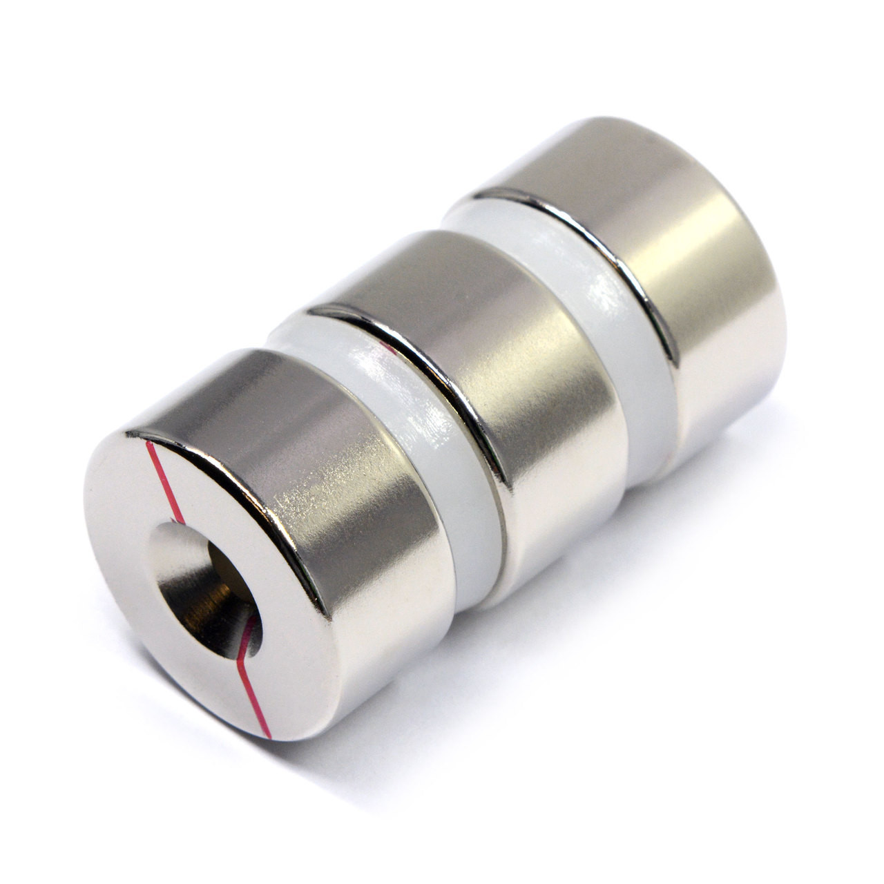 Flush seated #12 wood screw mounted inside a reversible N45 rare earth disc magnet with 45 lb holding force