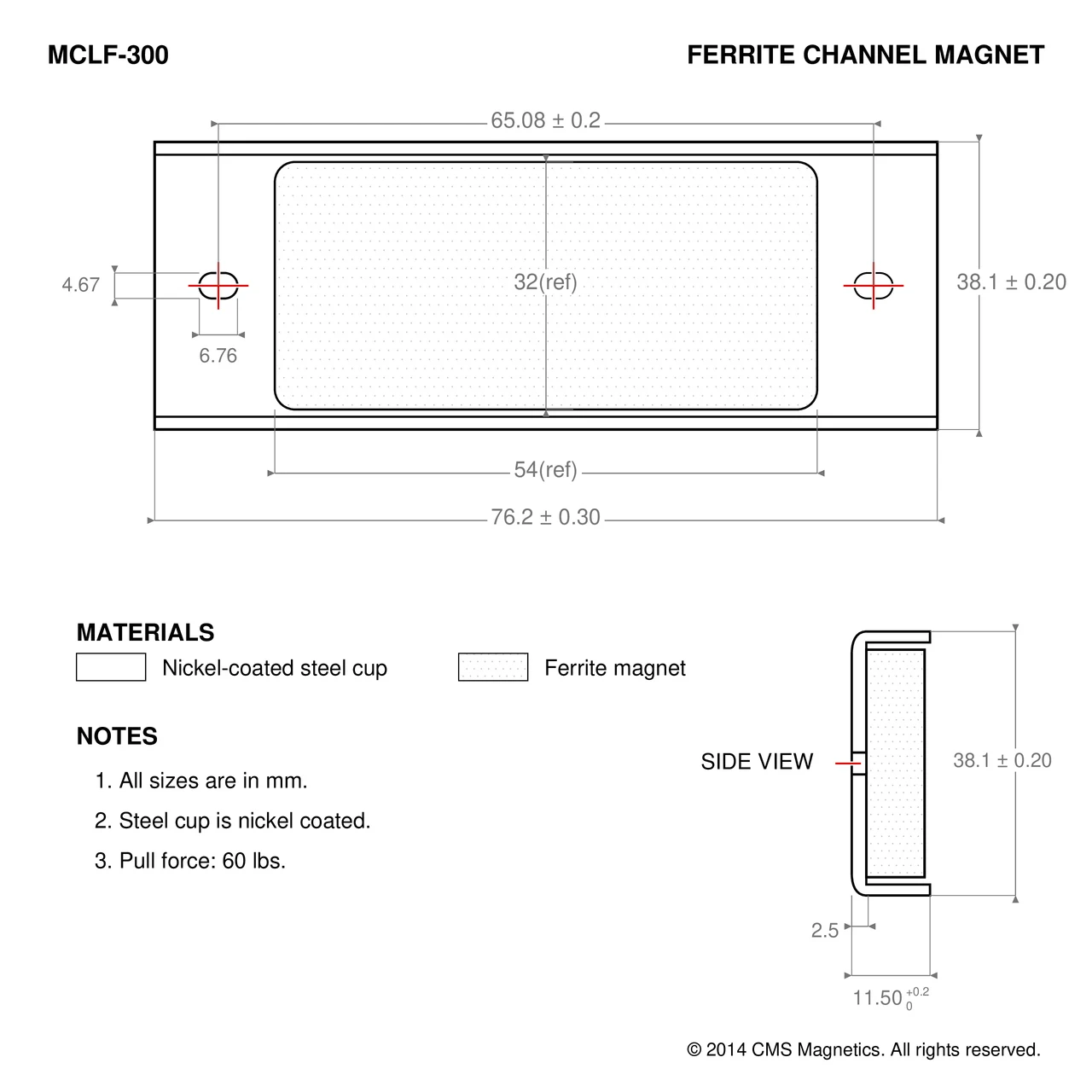 Ceramic Channel magnet MCLF-300 with smaller hole