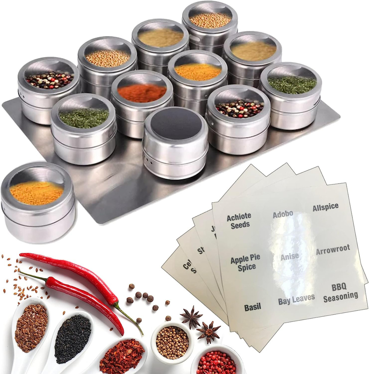 Set of 12 Magnetic Spice Jars with Sift-Pour Lids  Windowed Seasoning Tins  for Fridge & Cabinet Storage