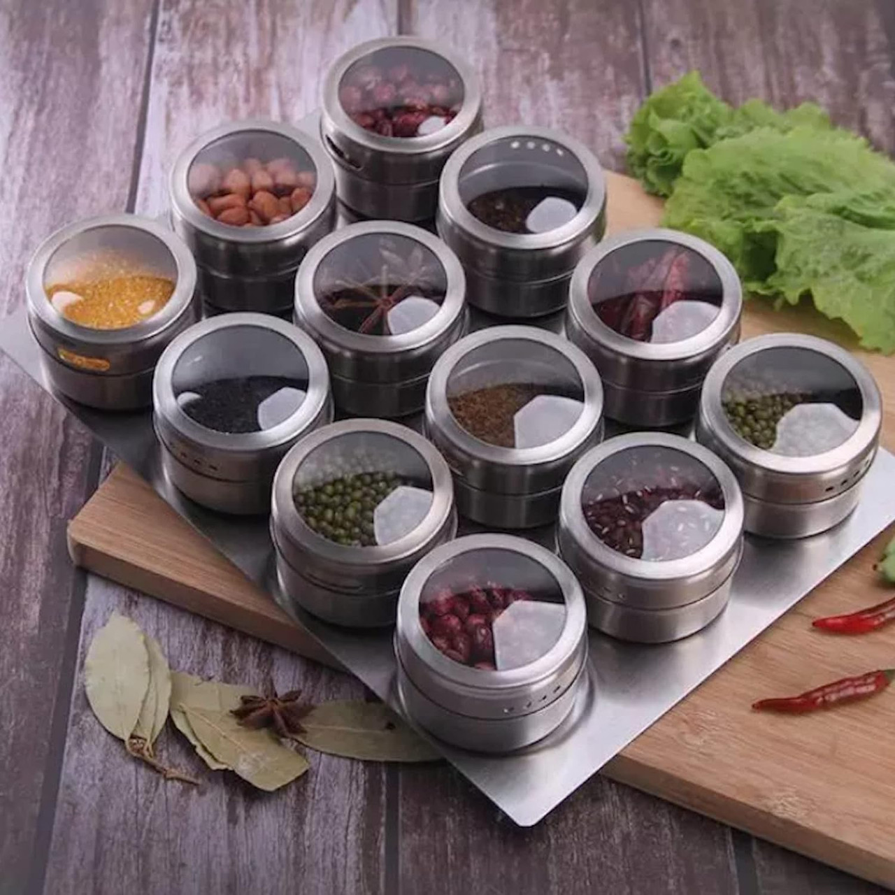 12 Magnetic Spice Jars w/ Window Top & Sift-Pour | Spice Storage Containers, Magnetic Seasoning Tin for Refrigerators, Fridges and Cabinets