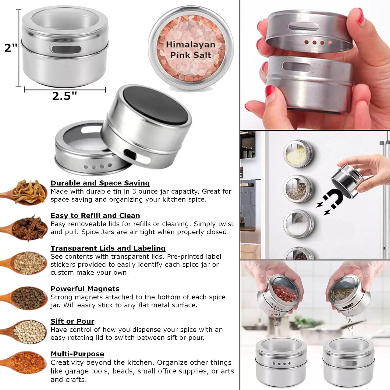 Set of 12 Magnetic Spice Jars with Sift-Pour Lids  Windowed Seasoning Tins  for Fridge & Cabinet Storage