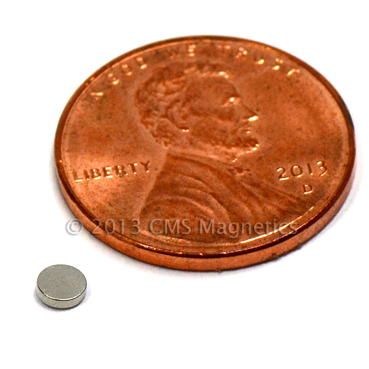 Compact powerful small nd magnet N45 neodymium NdFeB 1/8" x 1/32" nickel coated for crafts and projects side angle
