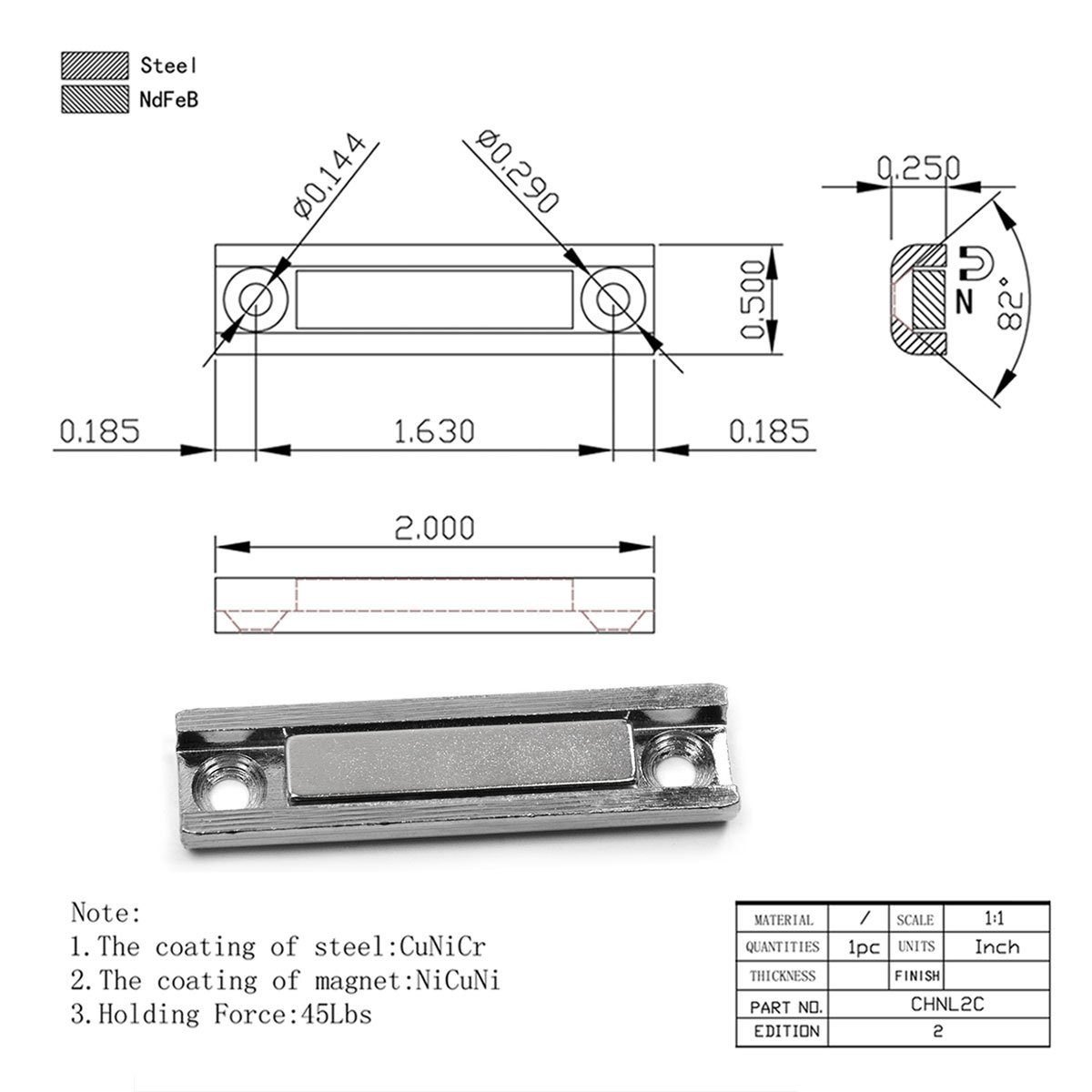 neodymium channel magnets, with countersunk holes