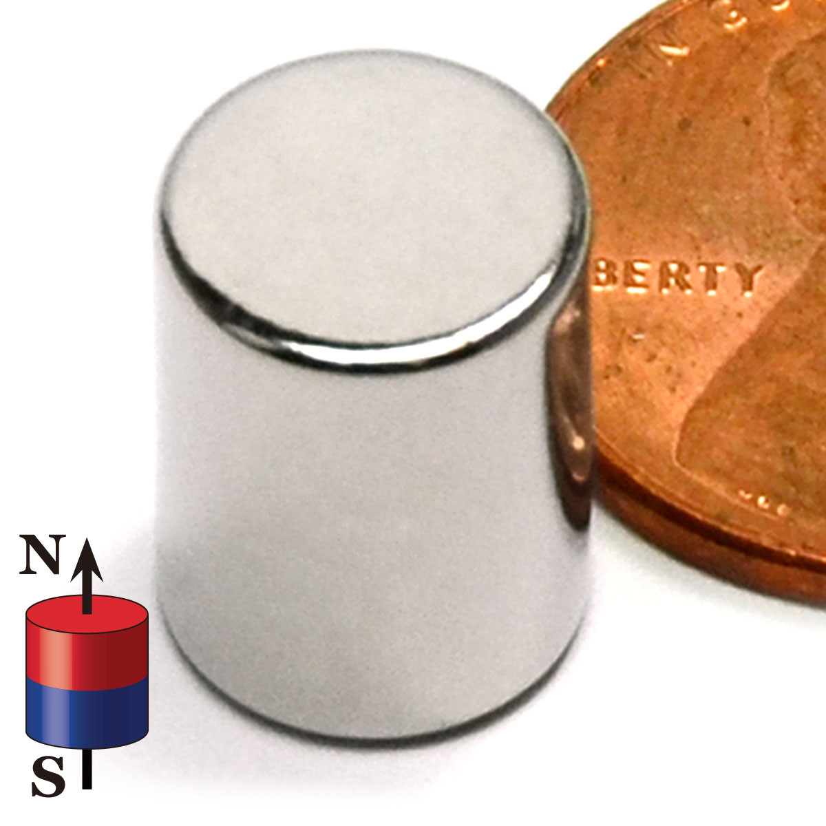 N45 neodymium cylinder magnet 3/8 inch dia x 1/2 inch long with 18.2 lbs pull force, rare earth NdFeB NiCuNi plated, axially magnetized for industrial and DIY holding