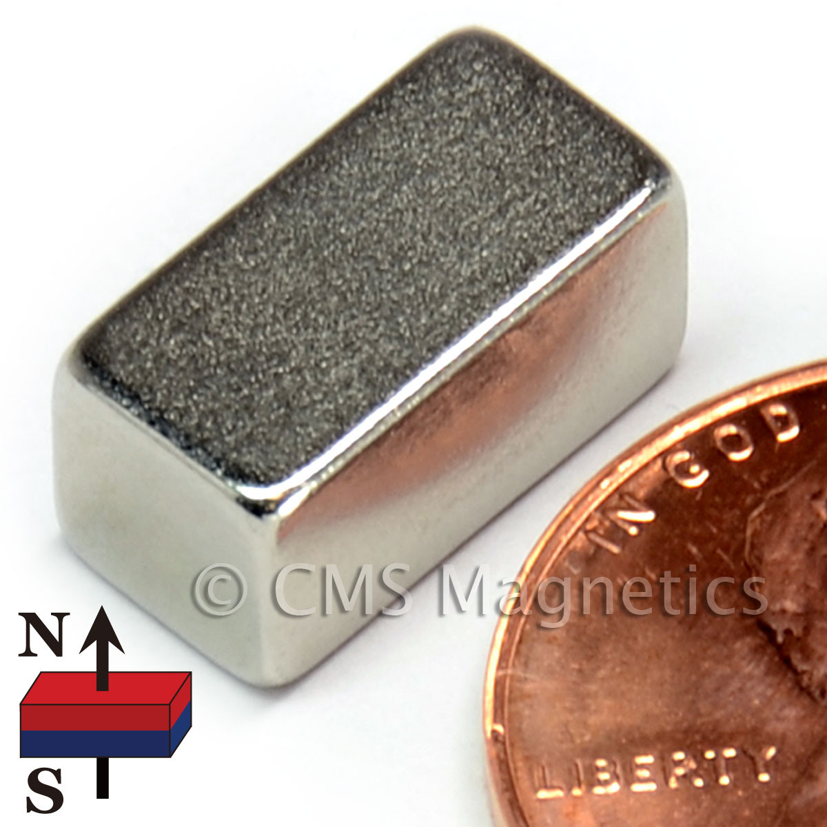 Side view of strong N45 rare earth block magnet 0.5"x0.25"x0.25", 9.7 lbs pull for crafts and magnetic closures
