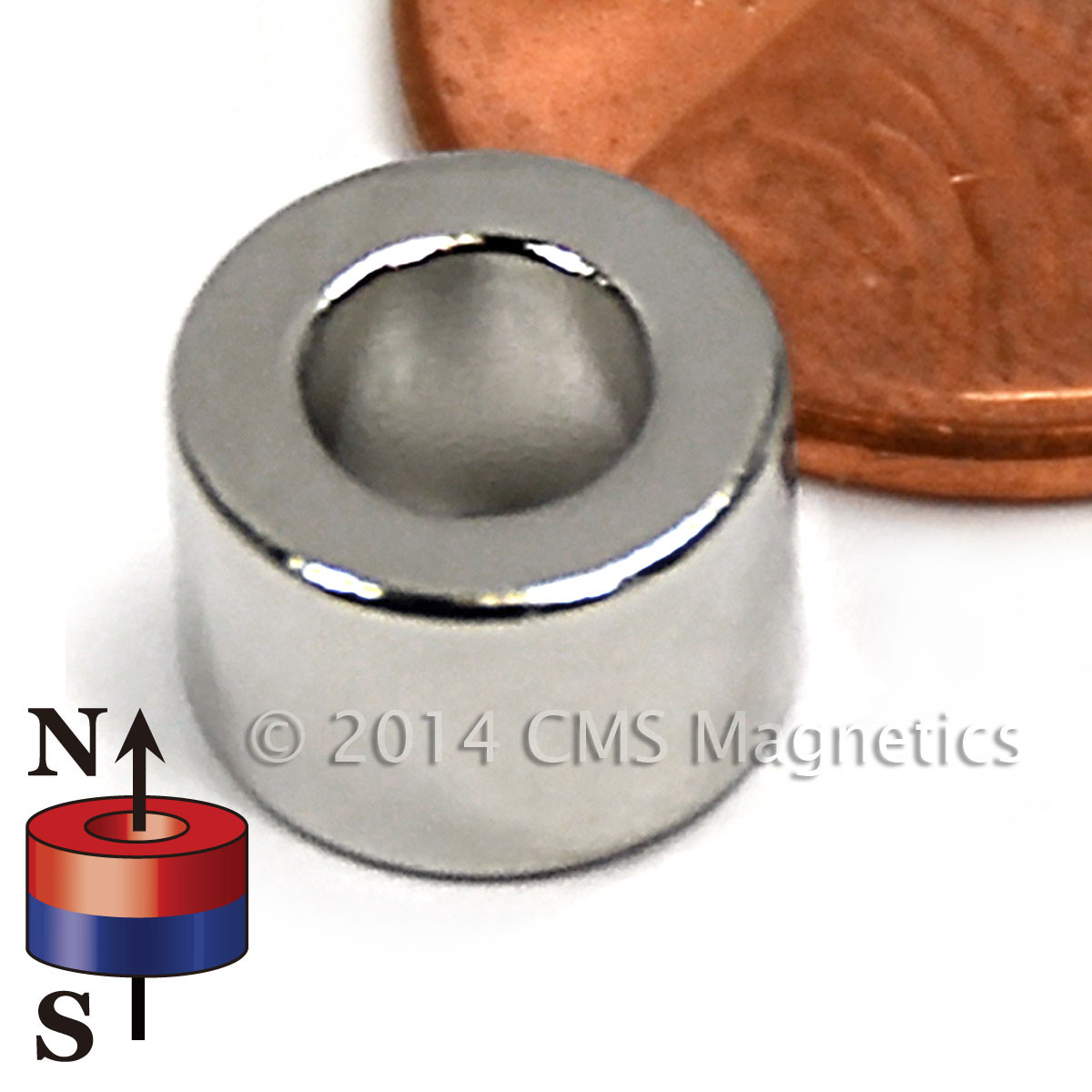 Close-up of 8.1 lbs pull force neodymium ring magnet illustrating precision 1/4-inch thickness.