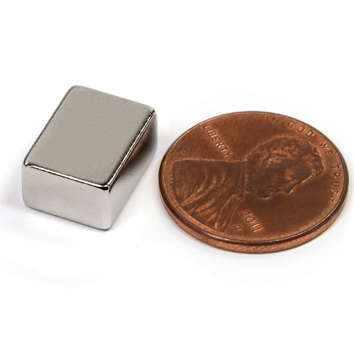 Side view of strong N50 rare earth block magnet 0.5"x0.375"x0.25", 12.6 lbs pull for magnetic assemblies and projects