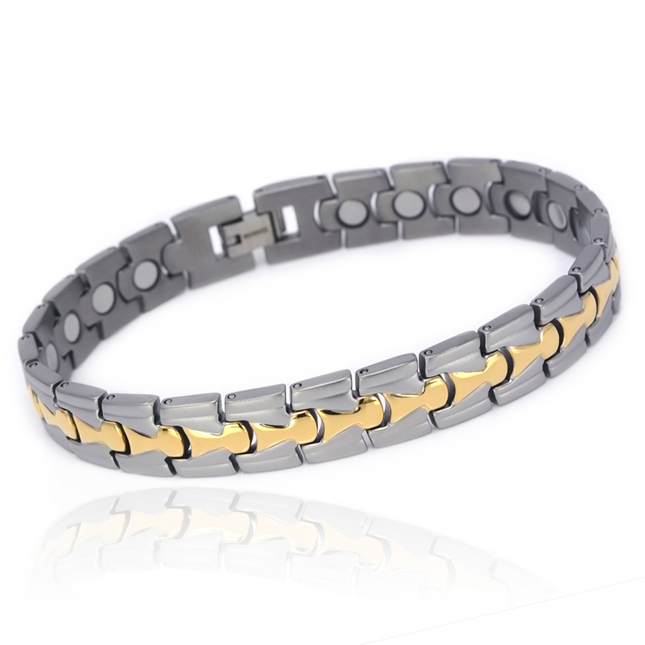 <img src=" Magnetic Bracelet Novoa Titanium.png" alt="Magnetic Bracelet Novoa Titanium Men's Satin With Gold Accent  ">