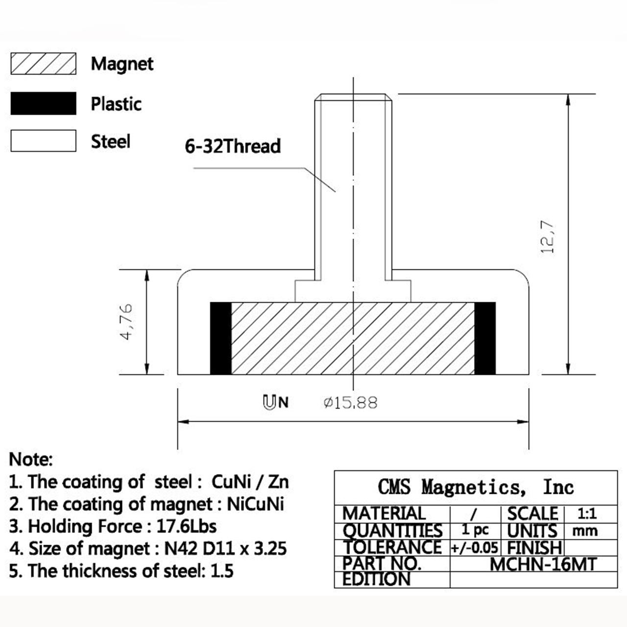 Technical Drawing Neodymium Cup Magnet MCHN-16MT