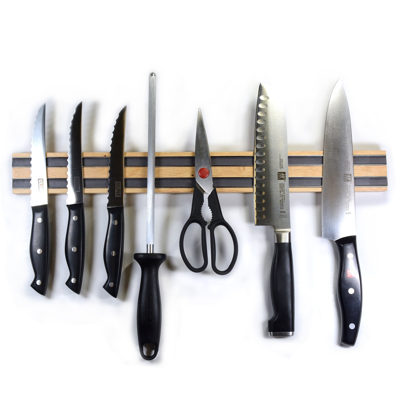 Strong magnetic knife holder securing chef's knives