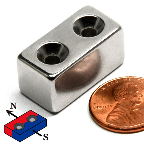 N45 neodymium bar magnet 1 inch x 0.5 inch x 0.5 inch with six #6 countersunk holes, magnetized thru sides, rare earth NdFeB alloy with NiCuNi plating for industrial and DIY use