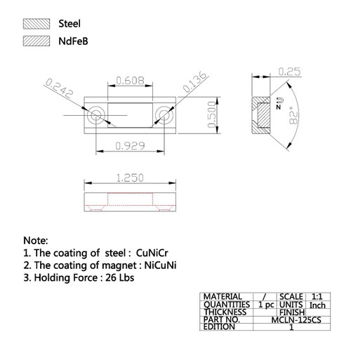 25 LB Pull 1.25x1/2x1/4" Countersunk Hole Neodymium Channel Magnet | Rectangular Pot Magnet