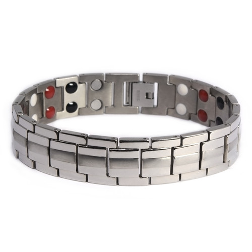 <img src=" mens silver stainless  magnet bracelet .png" alt="casual magnetic therapy jewelry   Front view         Magnetic bracelet jewelry Novoa Women 's - 12,800 Gauss B428 Magnetic  bracelet Jewelry   Novoa Men's Quad-Element  B246">