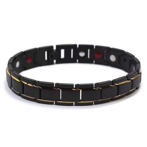 Novoa Men's Quad-Element Black Satin Stainless Steel Magnetic Bracelet With Gold Accents - 12,800 Gauss SBRM-009