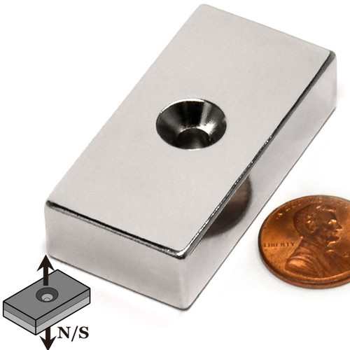 N52 Block Magnet 2x1x1/2" - 85 LB Pull - w/ #10 Countersunk Hole Neodymium Block Magnet