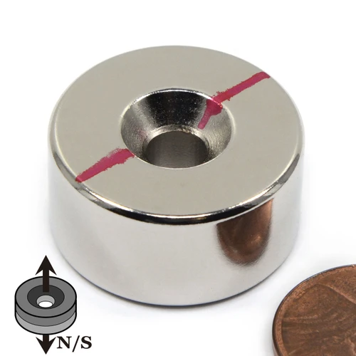 N45 neodymium disc magnet 1 inch diameter by 1/2 inch thick with double sided #10 countersunk hole