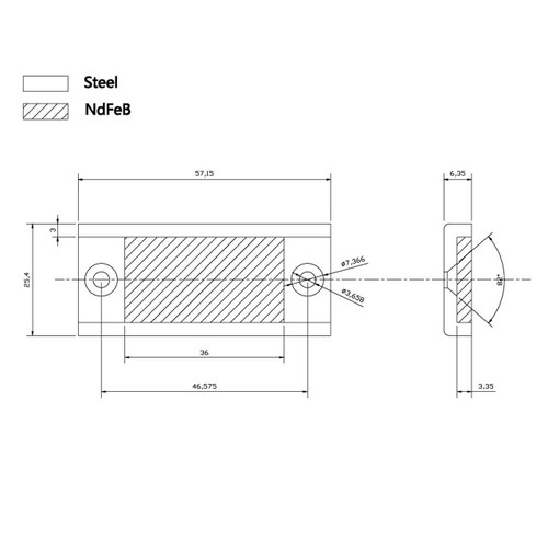 Drawing for 145 LB Neodymium Channel Magnet 2.25"x1"x1/4" with #6 Countersunk Holes
