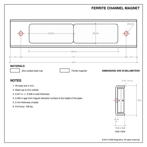 6 inch Ceramic Channel Magnet Technical Drawing