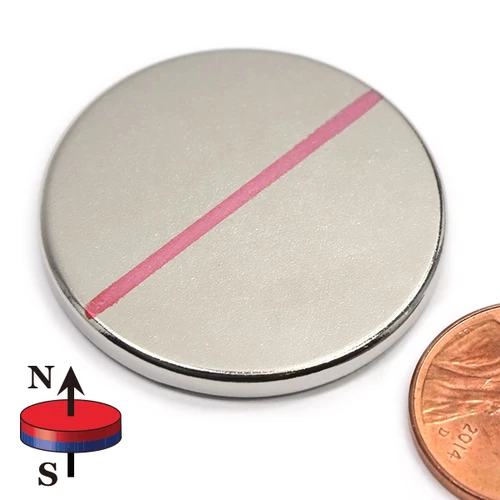 N35 rare earth neodymium disc magnet measuring 1.26 inches diameter by 1/8 inch thick with nickel coating.