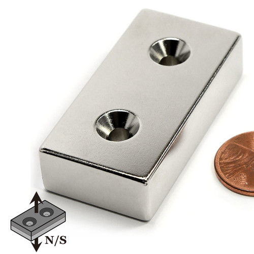 N42 165 LB Pull Block Magnet 3x1.5x3/4" w/ 2#12 Countersunk Holes Neodymium Magnet