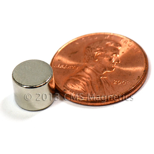 Strong N42 rare earth disc magnet 5/16" x 1/4" with nickel coating - side angle showing thickness