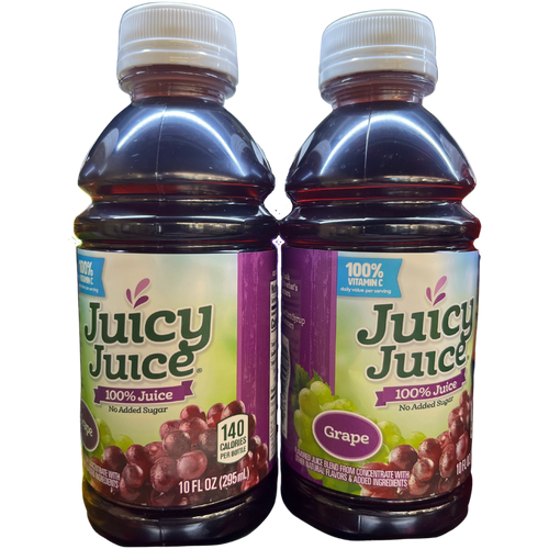 Two small bottles of Juicy Juice grape juice