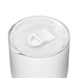 A coffee cup with a clear lid, featuring a smooth white exterior and transparent top. It has a simple, sleek design.