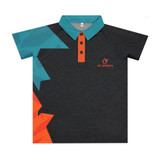 A black and teal youth active polo shirt with an orange collar and logo. Features a geometric design.