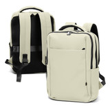 A soft-touch daily backpack in cream and black, featuring padded straps and multiple compartments. It has a logo.