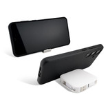 A retractable charging cable in white, positioned beside a black smartphone case, featuring a sleek design and a logo.