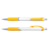 A plastic pen with a white barrel and yellow accents, featuring a metallic clip and grip sections.