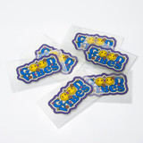 Colourful stickers featuring smiling faces and playful text, with a glossy finish, presented on a white background.