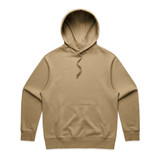 A khaki hoodie featuring a front pocket and an adjustable drawstring hood. It has a brand logo.