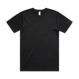 A black t-shirt with a regular fit, featuring a plain design and a tagless collar. It has a logo on the label.