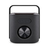 A black Hudson Bluetooth speaker with a round control dial and a handle at the top.