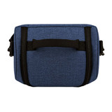 A cooler bag in a blue textured fabric with a black handle and zippers, featuring a logo on the front.