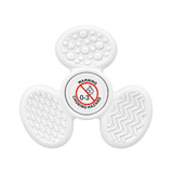 A white tactile fidget spinner with textured surfaces and a central warning label. It features different tactile patterns.