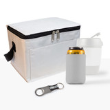A white cooler bag, a drink bottle, a can in a sleeve, and a bottle opener. The bag features a zipper and a handle.