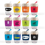 A collection of reusable coffee cups in various colors featuring silicone bands and logos.