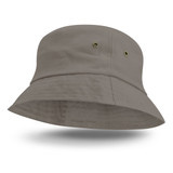 A light grey bucket hat with a wide brim and ventilation eyelets, featuring a logo on the side.