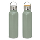 A drink bottle in matte green with a stainless steel cap and a wooden top, featuring a logo.