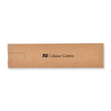 A brown cardboard box featuring a logo and a cut-out window, designed for the Stratos Cardboard Pen.