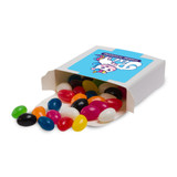 Assorted jelly beans in vibrant colors, scattered from a 50g box with a playful design.